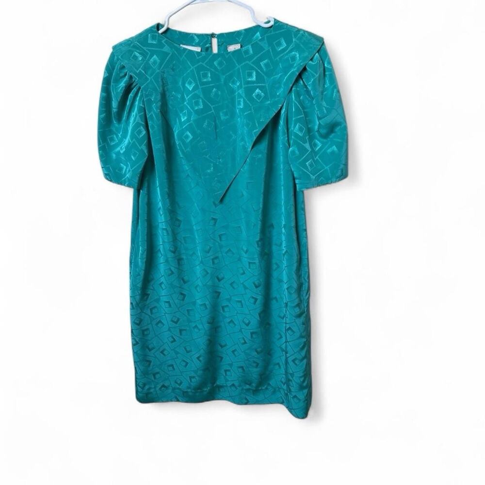Vintage Liz Claiborne Teal Green Geometric Dress Size 4 Shoulder Pads Retro